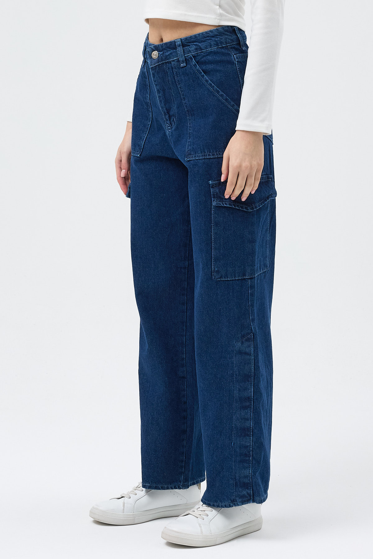 Koyu Mavi Kadın Yüksek Bel Jean Kargo Pantolon 1053 - RAYS
