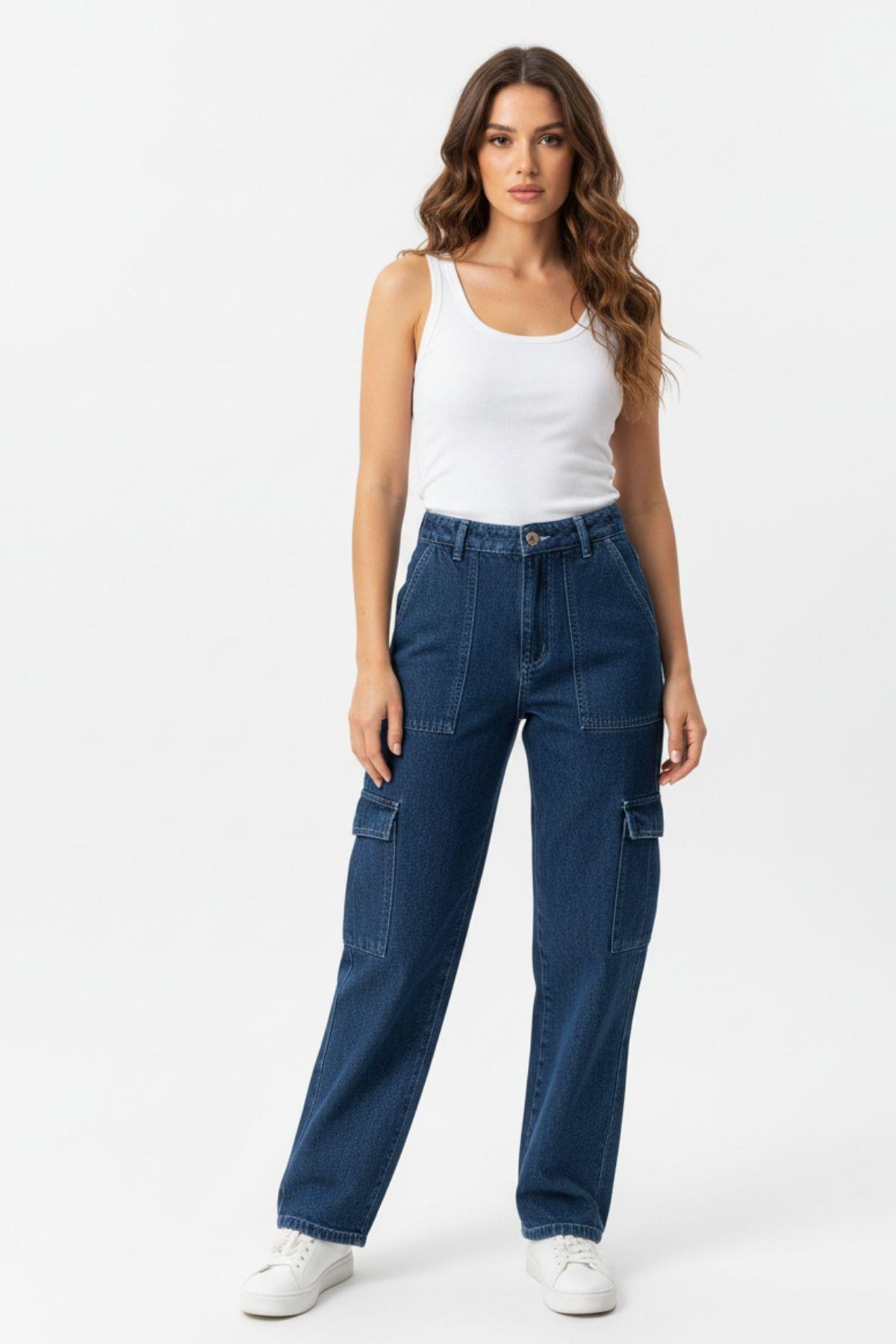 1053 Cepli Yüksek Bel Pantolon Mavi - RAYS