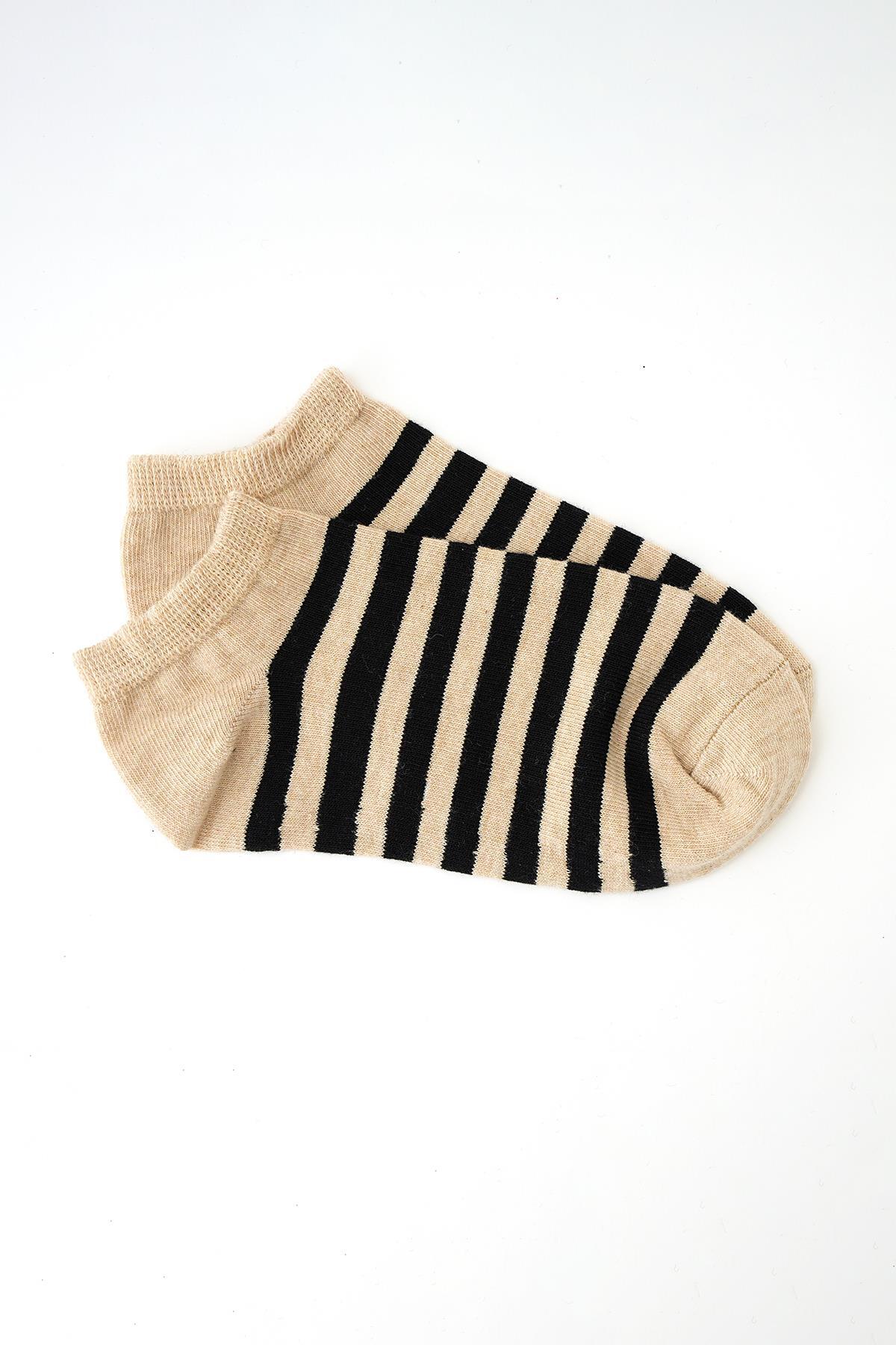 Gri-Ekru-Bisküvi Çizgili 3'lü Çorap 1049 - 2