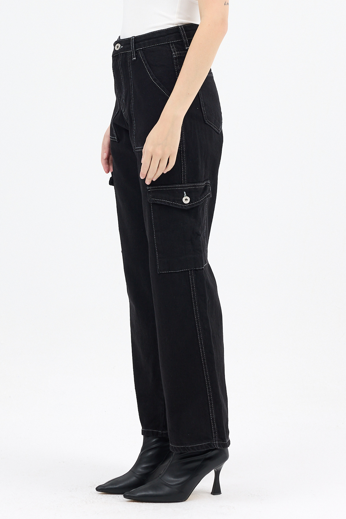 Siyah Kadın Yüksek Bel Jean Kargo Pantolon 1057 - 3