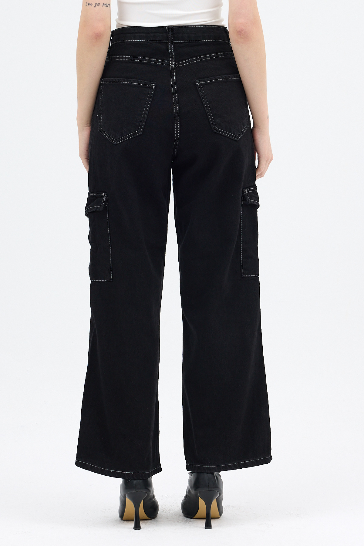 Siyah Kadın Yüksek Bel Jean Kargo Pantolon 1057 - 5