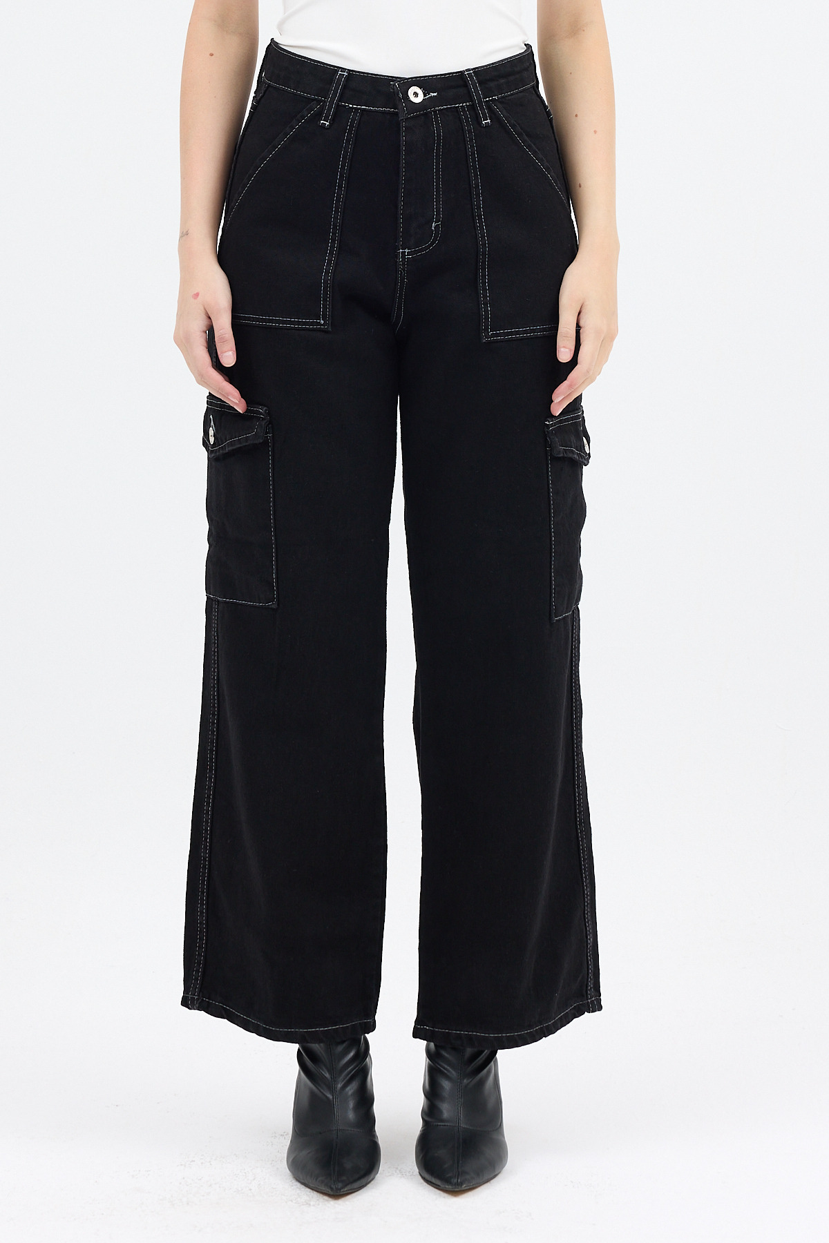 Siyah Kadın Yüksek Bel Jean Kargo Pantolon 1057 - 2
