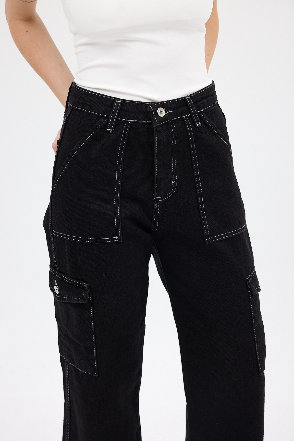 Siyah Kadın Yüksek Bel Jean Kargo Pantolon 1057 - 4