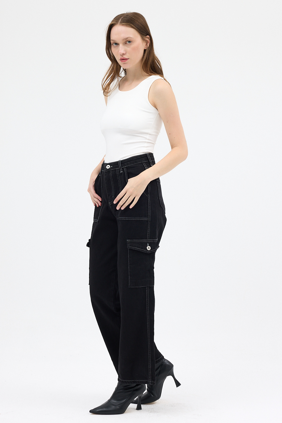 Siyah Kadın Yüksek Bel Jean Kargo Pantolon 1057 - 6