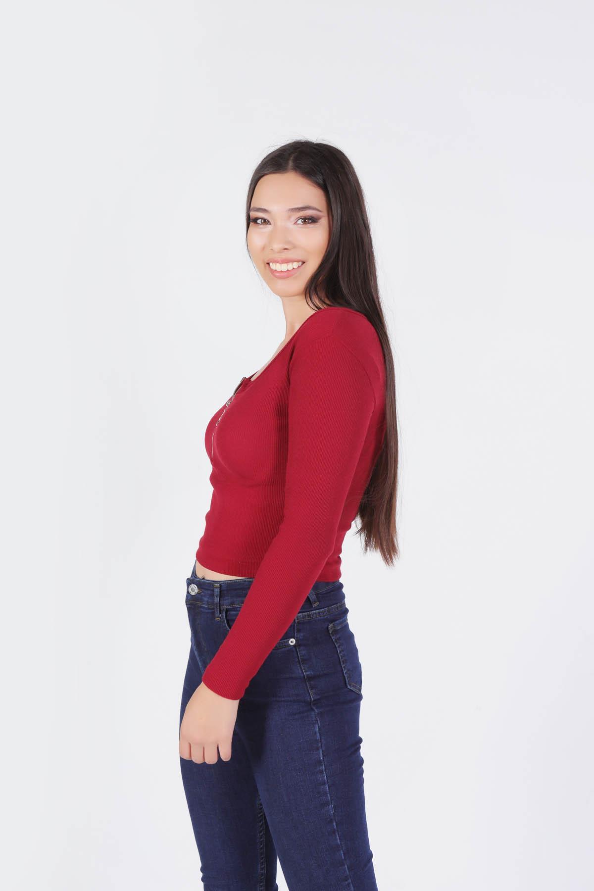 1057 Yaka Fermuarlı Bluz Bordo - 2