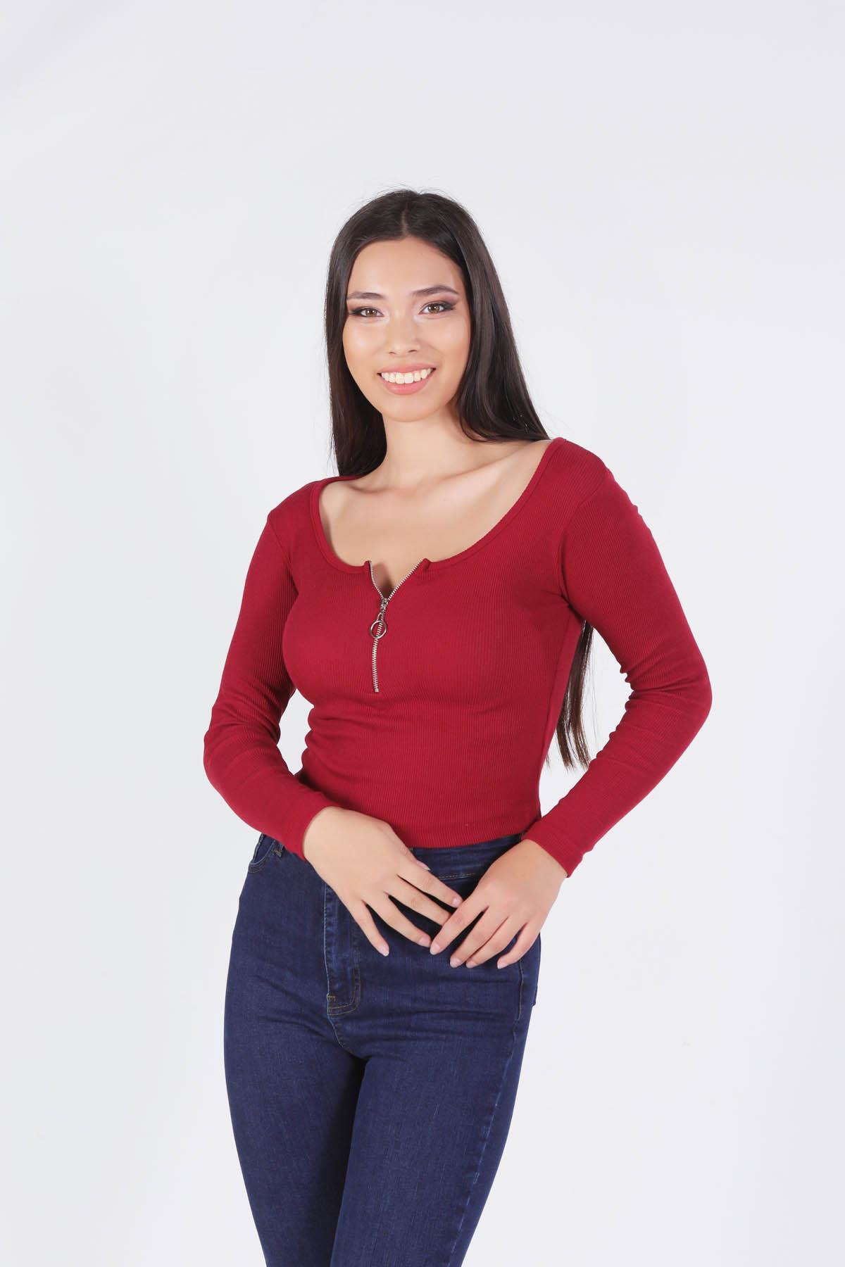 Bordo Yaka Fermuarlı Bluz 1057 - 1