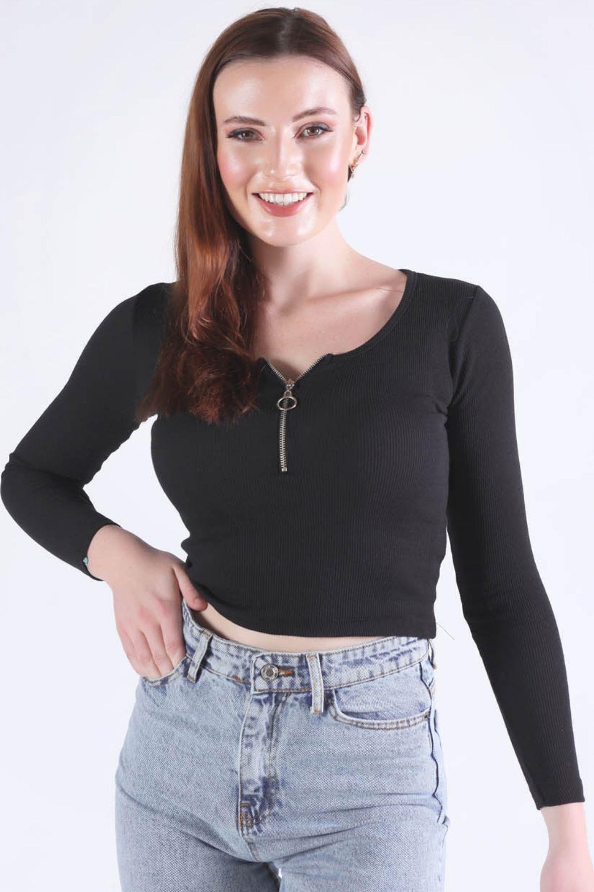 1057 Yaka Fermuarlı Bluz Siyah - 3