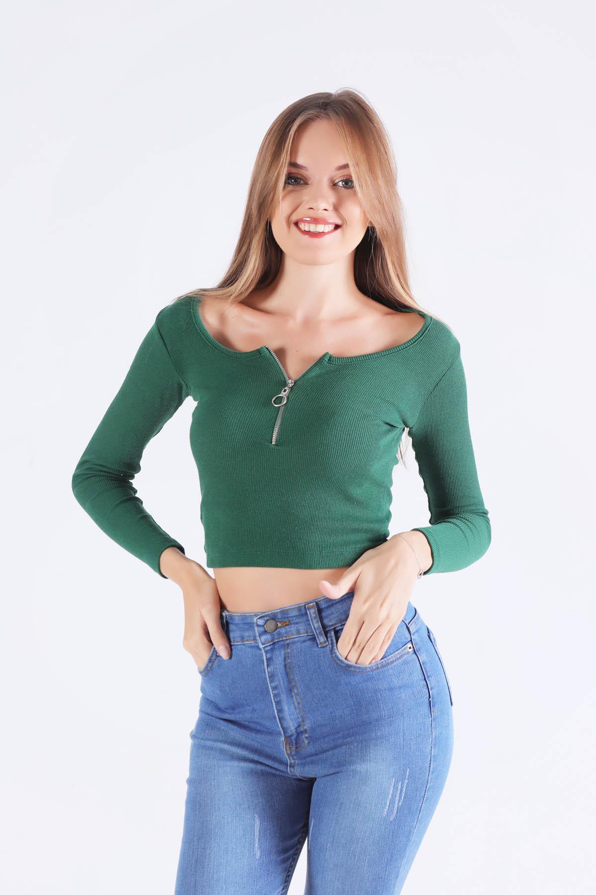 1057 Yaka Fermuarlı Bluz Zümrüt - 1