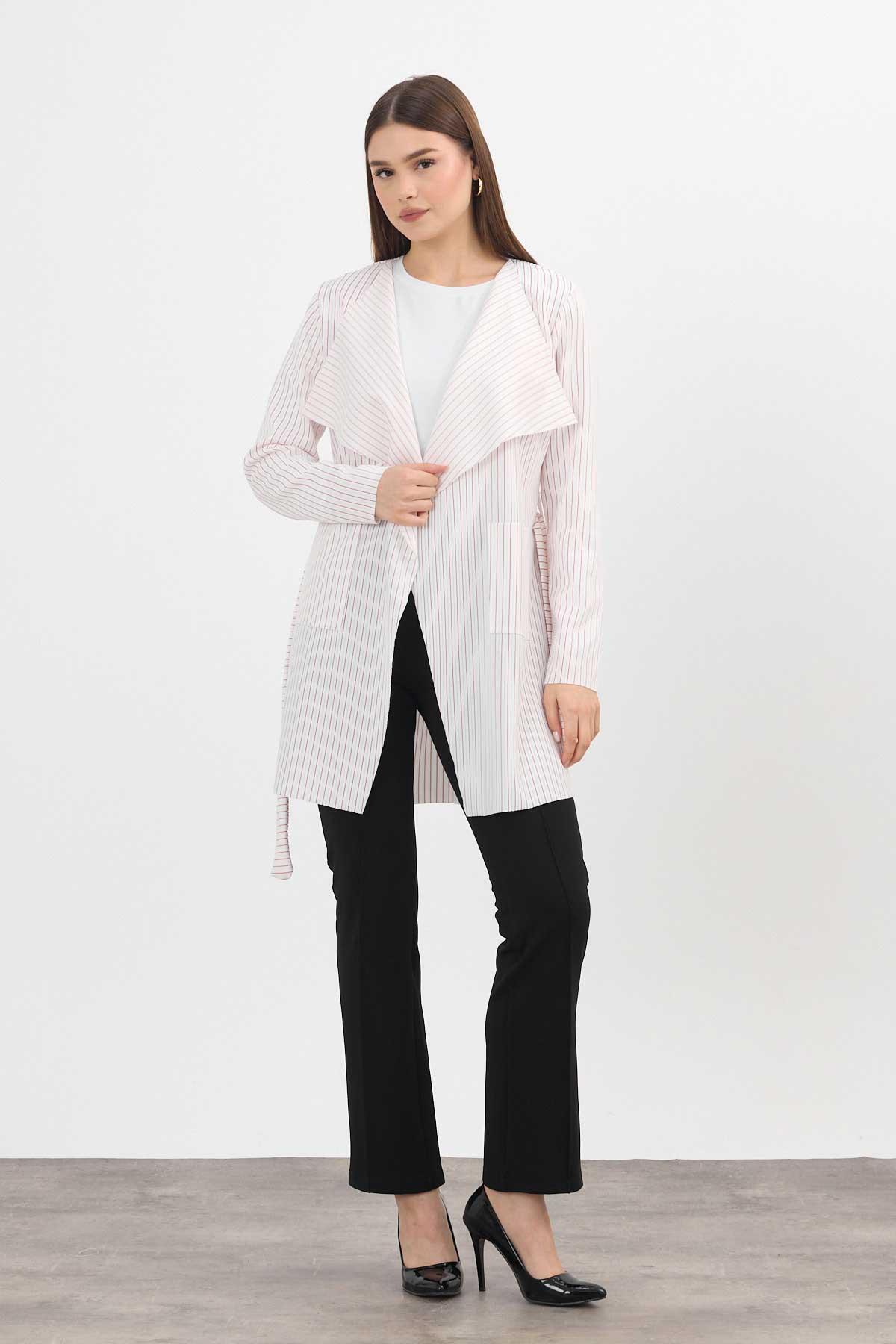 1059 Çizgili Cepli Uzun Hırka Kırmızı - RAYS