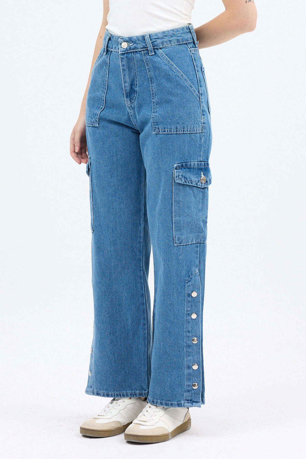Ara Mavi Kadın Paça Düğmeli Yüksek Bel Jean Kargo Pantolon 1059 - RAYS