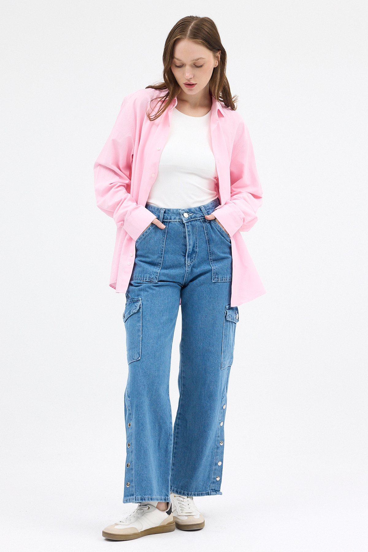 Ara Mavi Kadın Paça Düğmeli Yüksek Bel Jean Kargo Pantolon 1059 