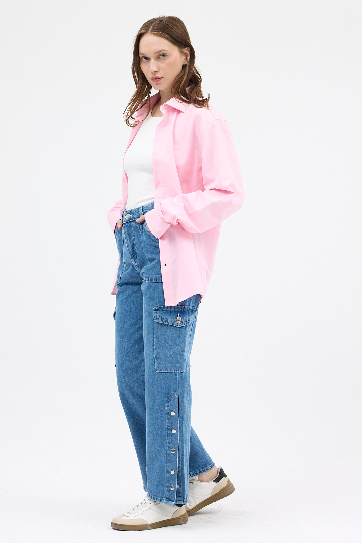 Ara Mavi Kadın Paça Düğmeli Yüksek Bel Jean Kargo Pantolon 1059 - 6