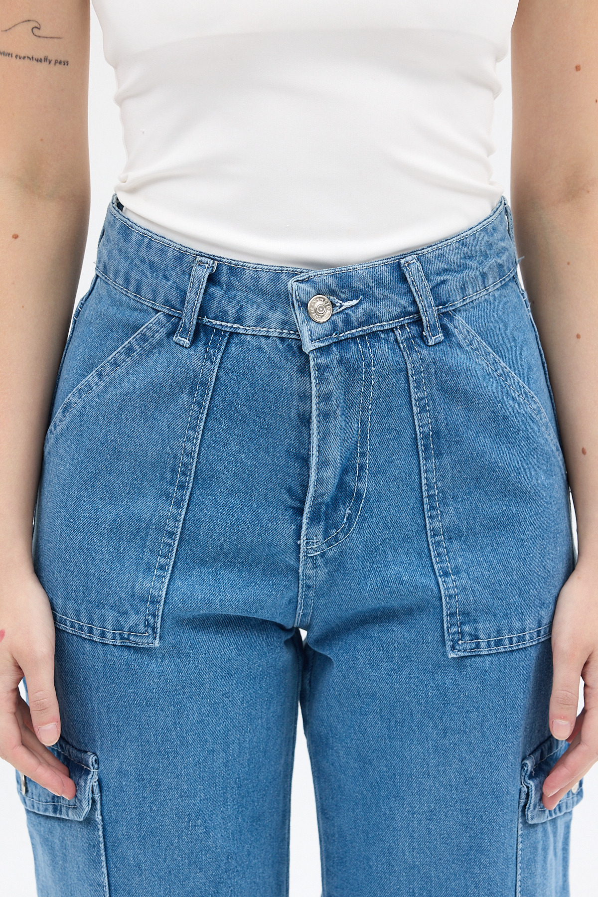 Ara Mavi Kadın Paça Düğmeli Yüksek Bel Jean Kargo Pantolon 1059 - RAYS