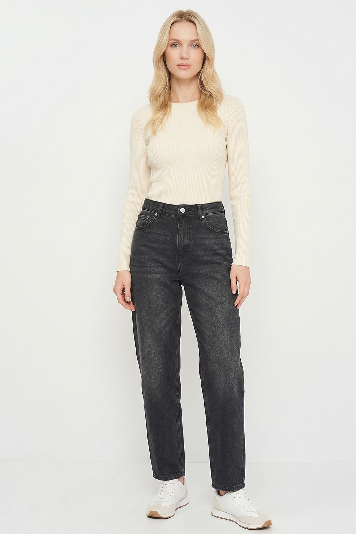 1061 Yüksek Bel Geniş Paça Jean Siyah - 1