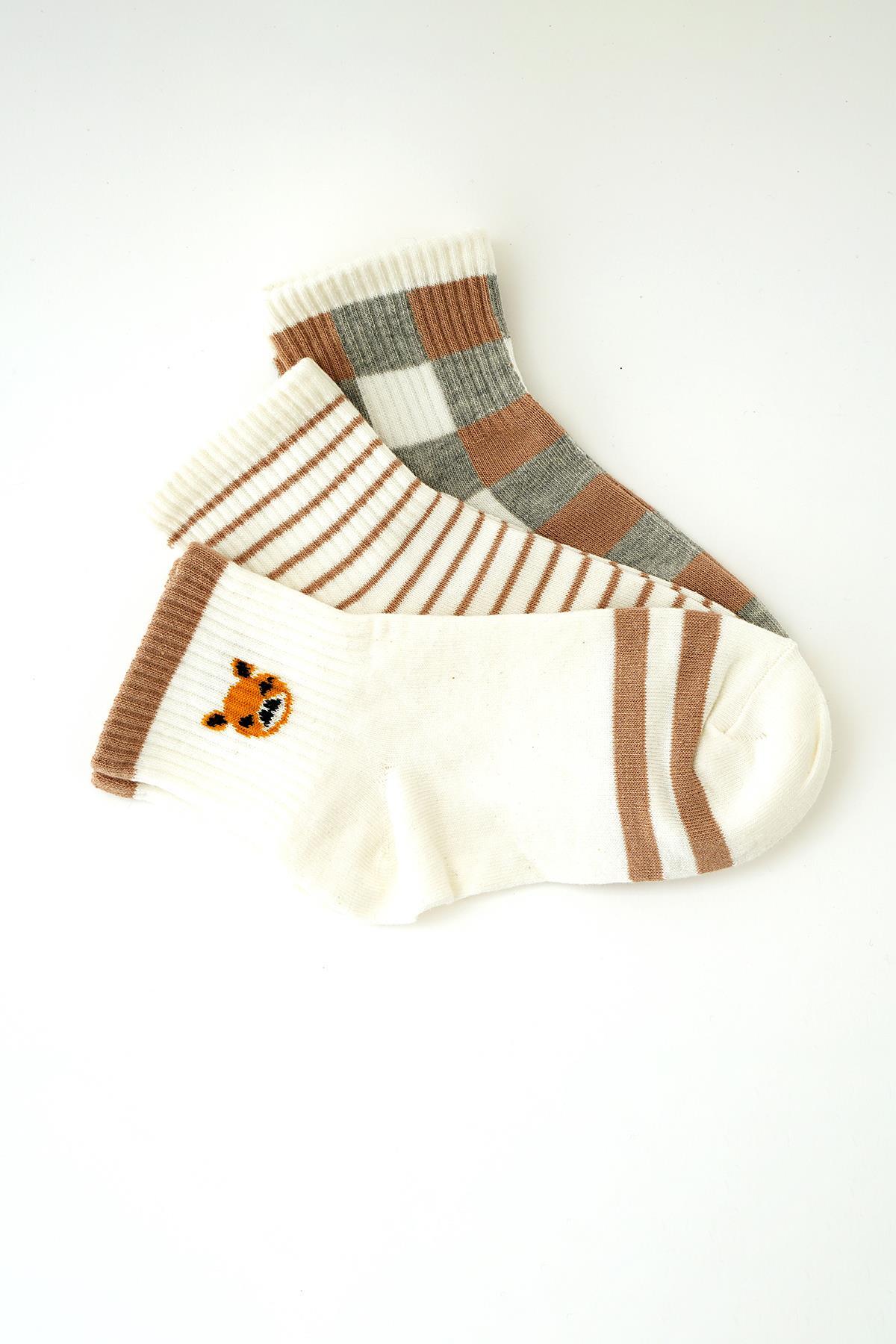1062 3'lü Çizgili Soket Çorap Kahve 