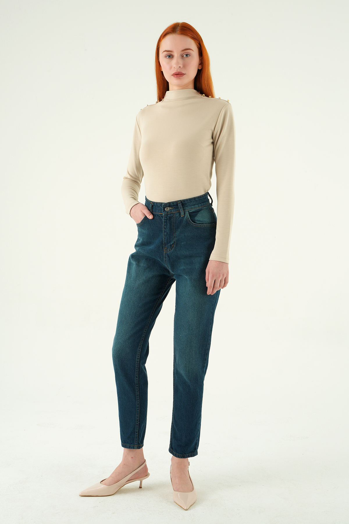 1063 Yüksek Bel Mom Jean Tint Yeşil - 2