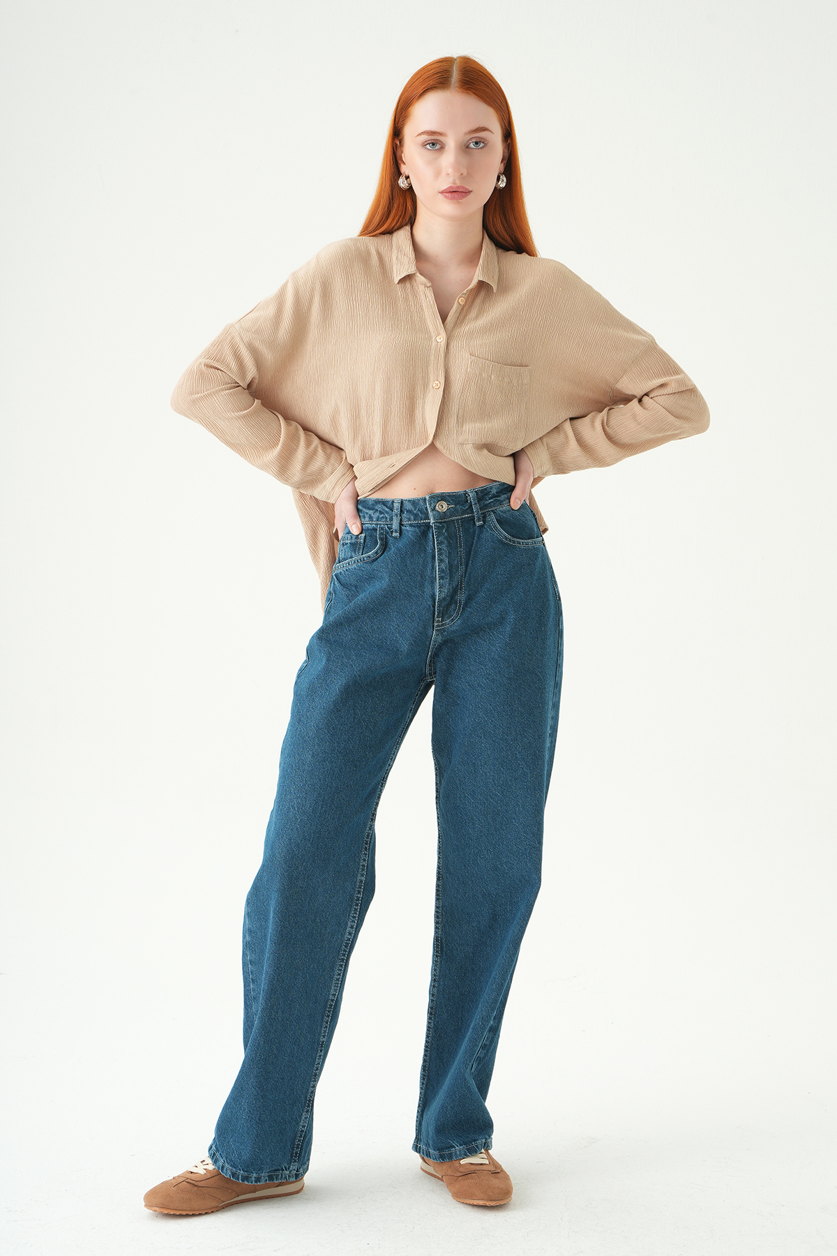 Ara Mavi Yüksek Bel Düz Paça Jean 1064 - 2