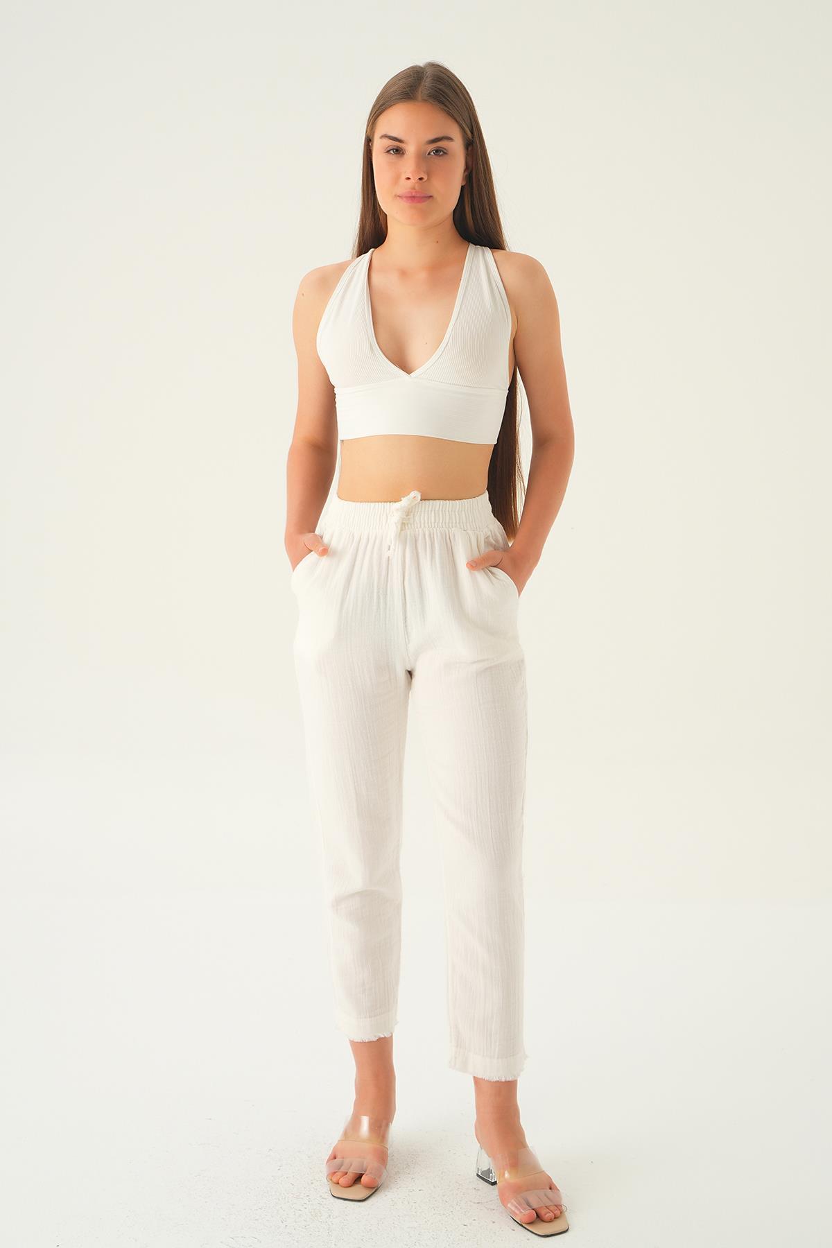 1067 Bağcıklı Cepli Pantolon Beyaz - 1