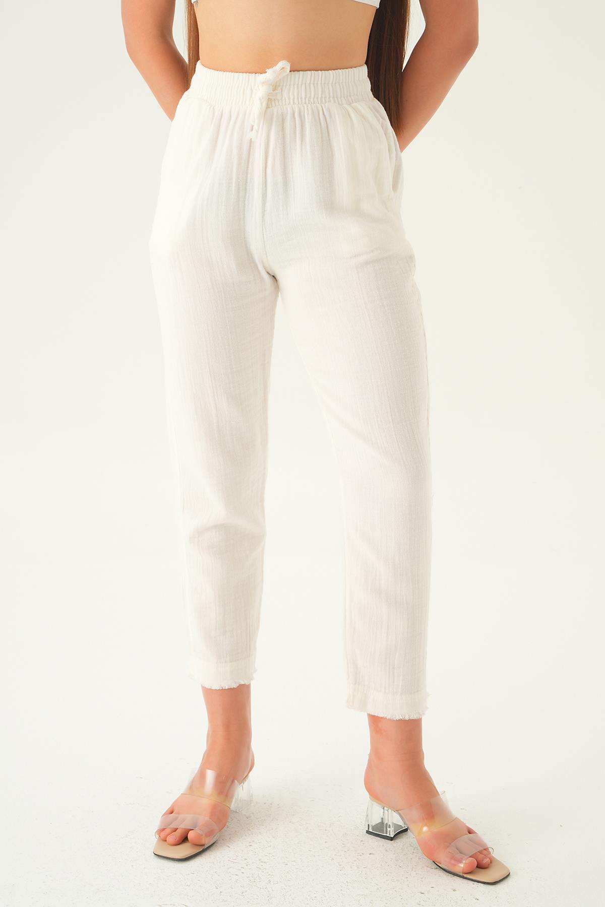 1067 Bağcıklı Cepli Pantolon Beyaz - 3