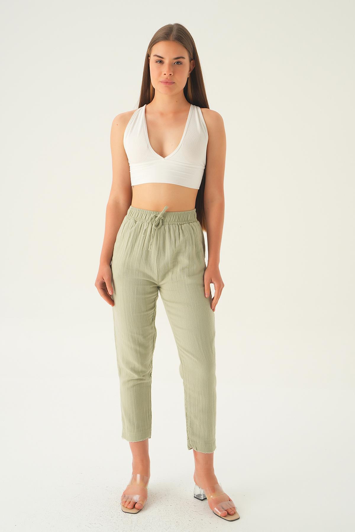 1067 Bağcıklı Cepli Pantolon Çağla Yeşili - 1