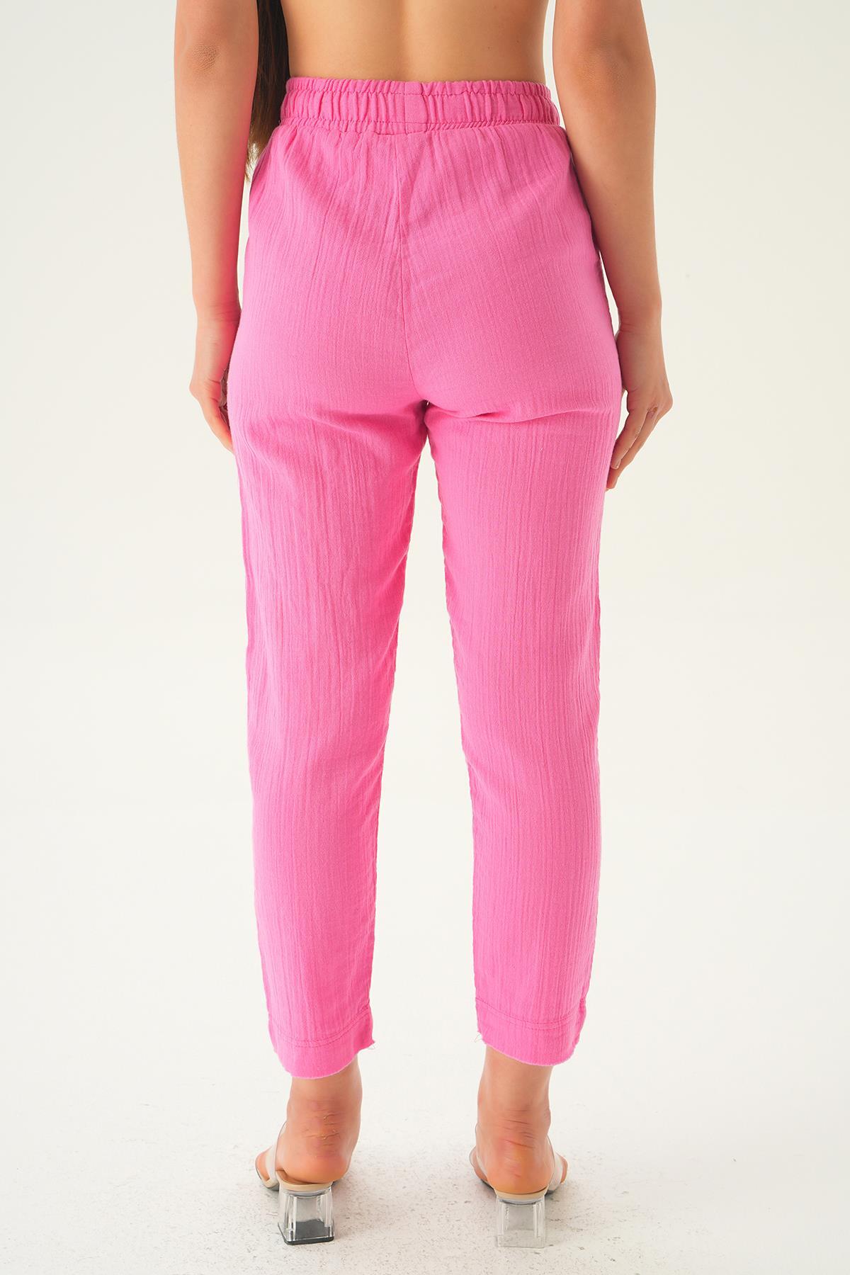 1067 Bağcıklı Cepli Pantolon Fuşya - 5