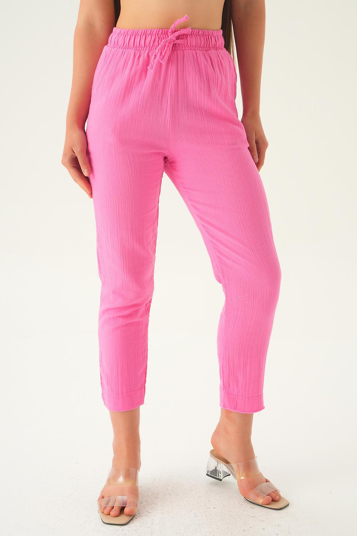 1067 Bağcıklı Cepli Pantolon Fuşya - 4