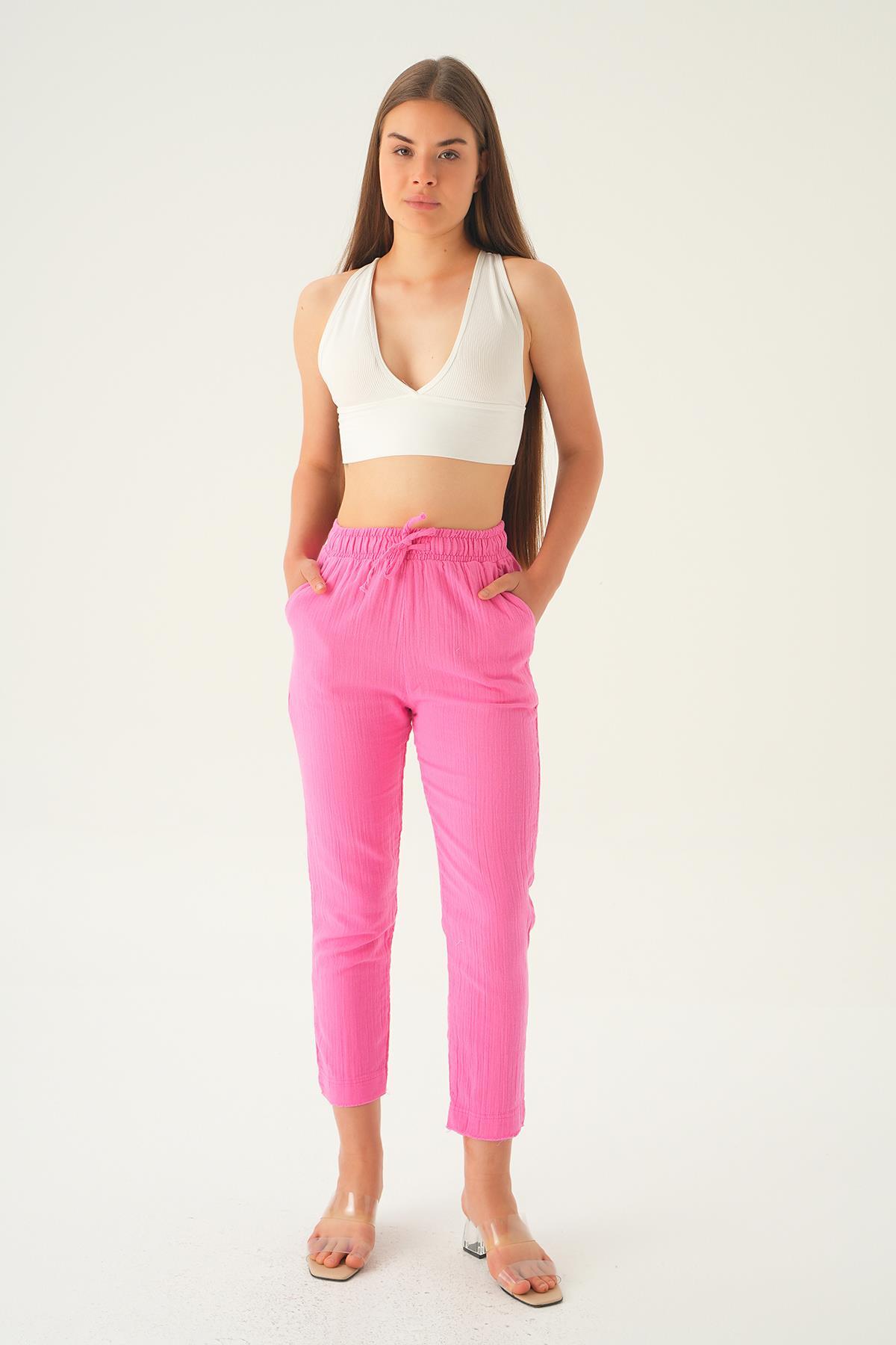 Fuşya Bağcıklı Cepli Pantolon 1067 