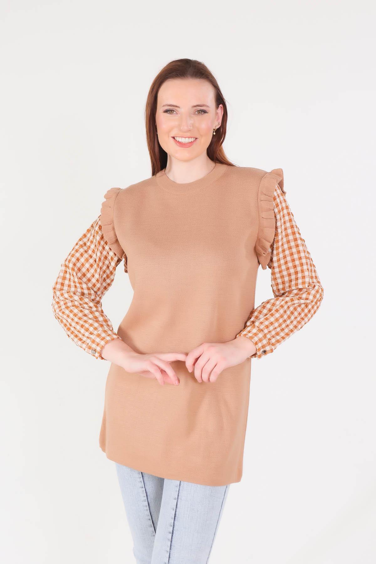 1070 Kol Gömlek Detaylı Tunik Kahve 