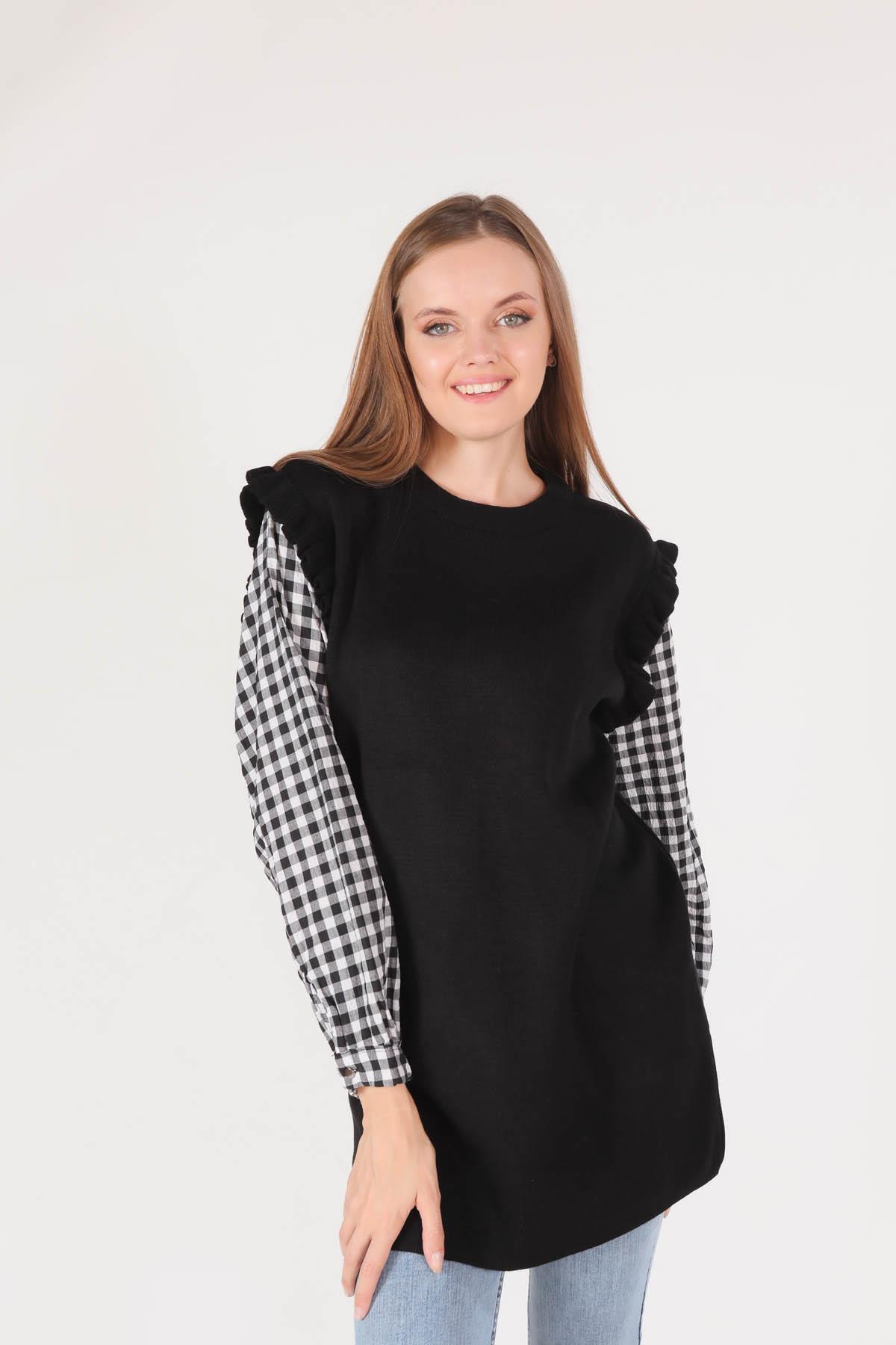 1070 Kol Gömlek Detaylı Tunik Siyah - 2