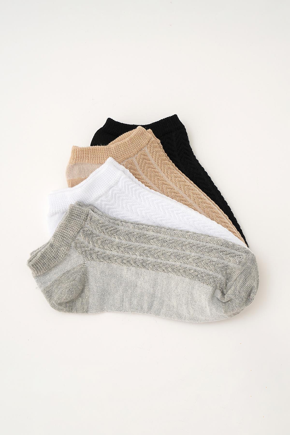 1071 Kabartma Desen 4'lü Patik Çorap Renkli 