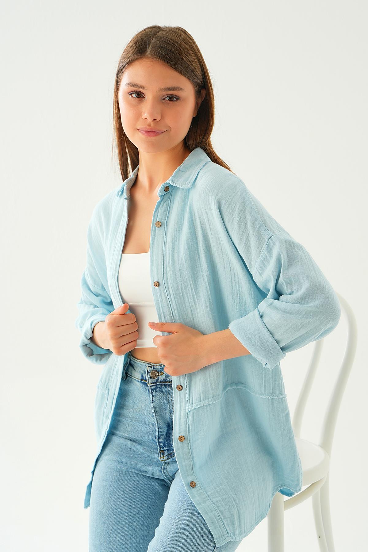 1073 Dikiş Detay Gömlek Bebe Mavi - 8