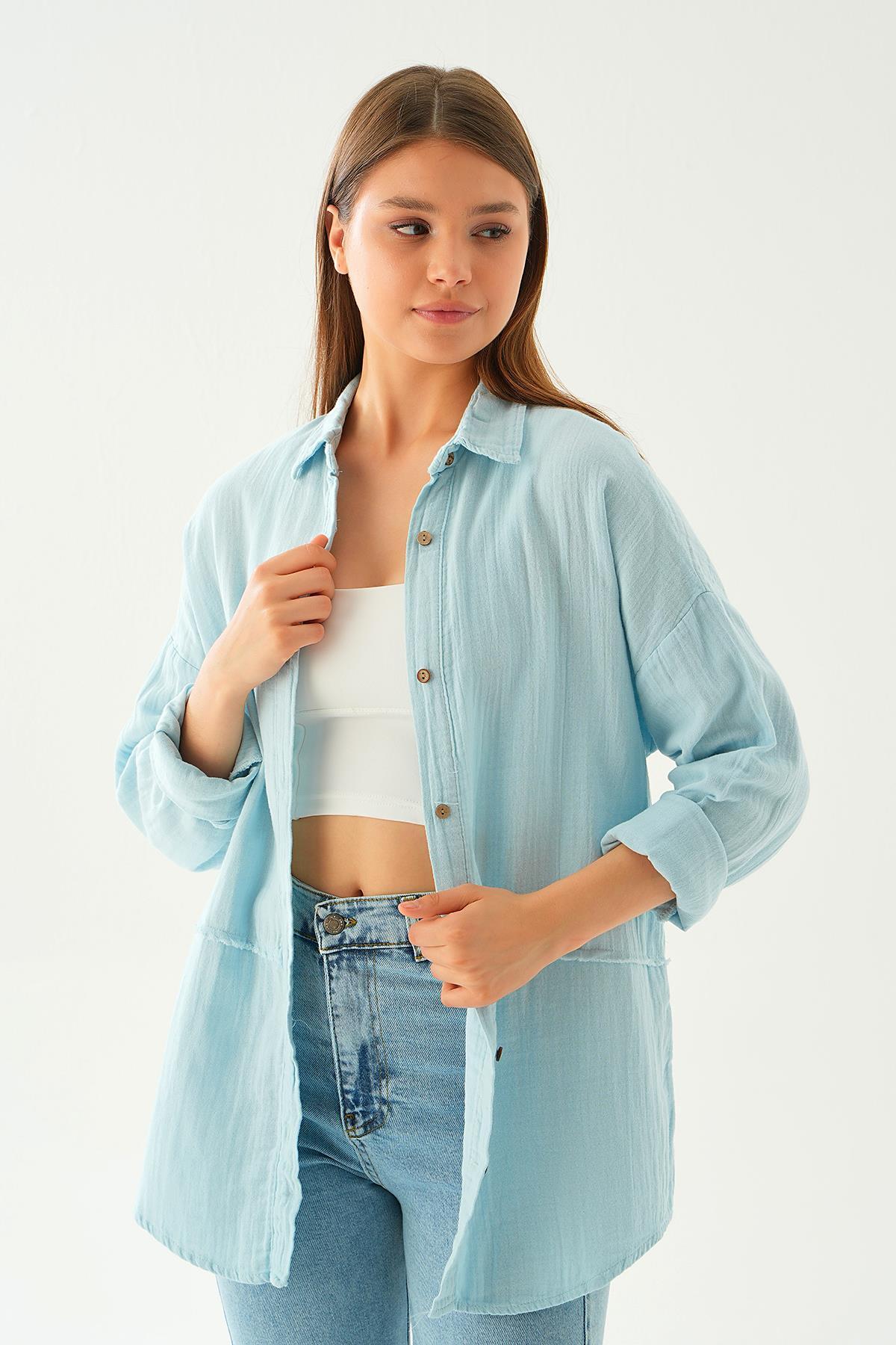 Bebe Mavi Dikiş Detay Gömlek 1073 - 2