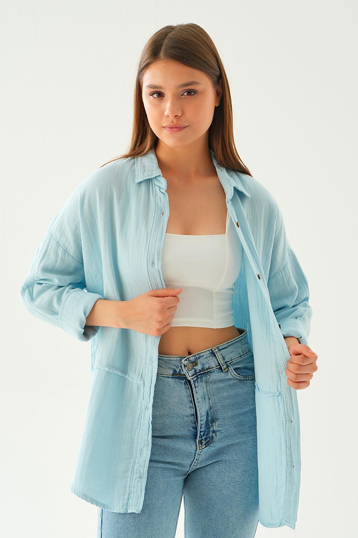 Bebe Mavi Dikiş Detay Gömlek 1073 - 5