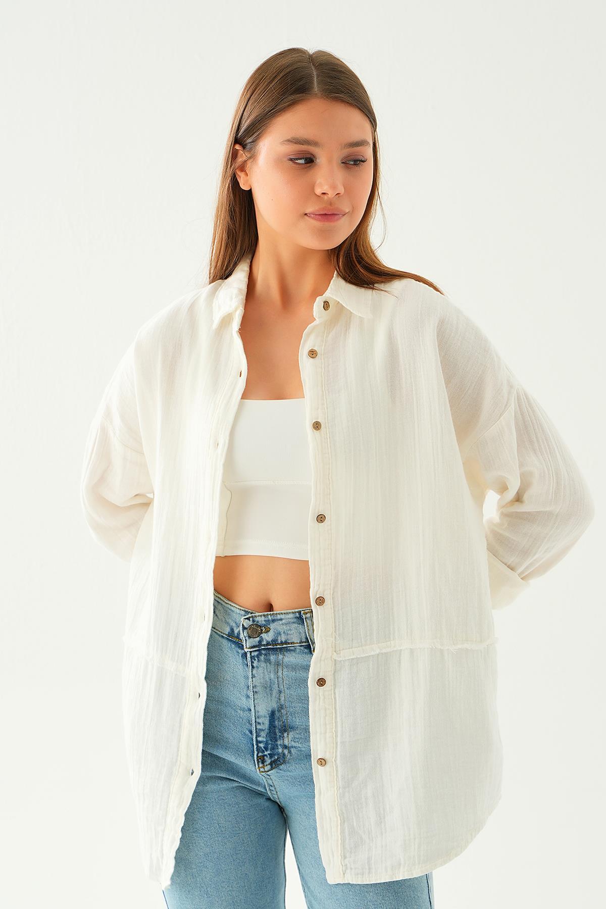 1073 Dikiş Detay Gömlek Beyaz - 5