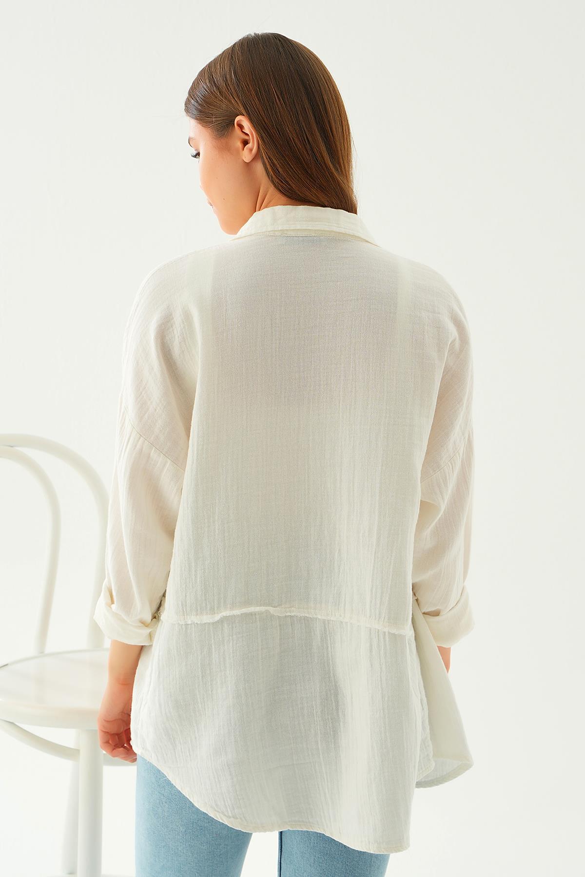 1073 Dikiş Detay Gömlek Beyaz - 3