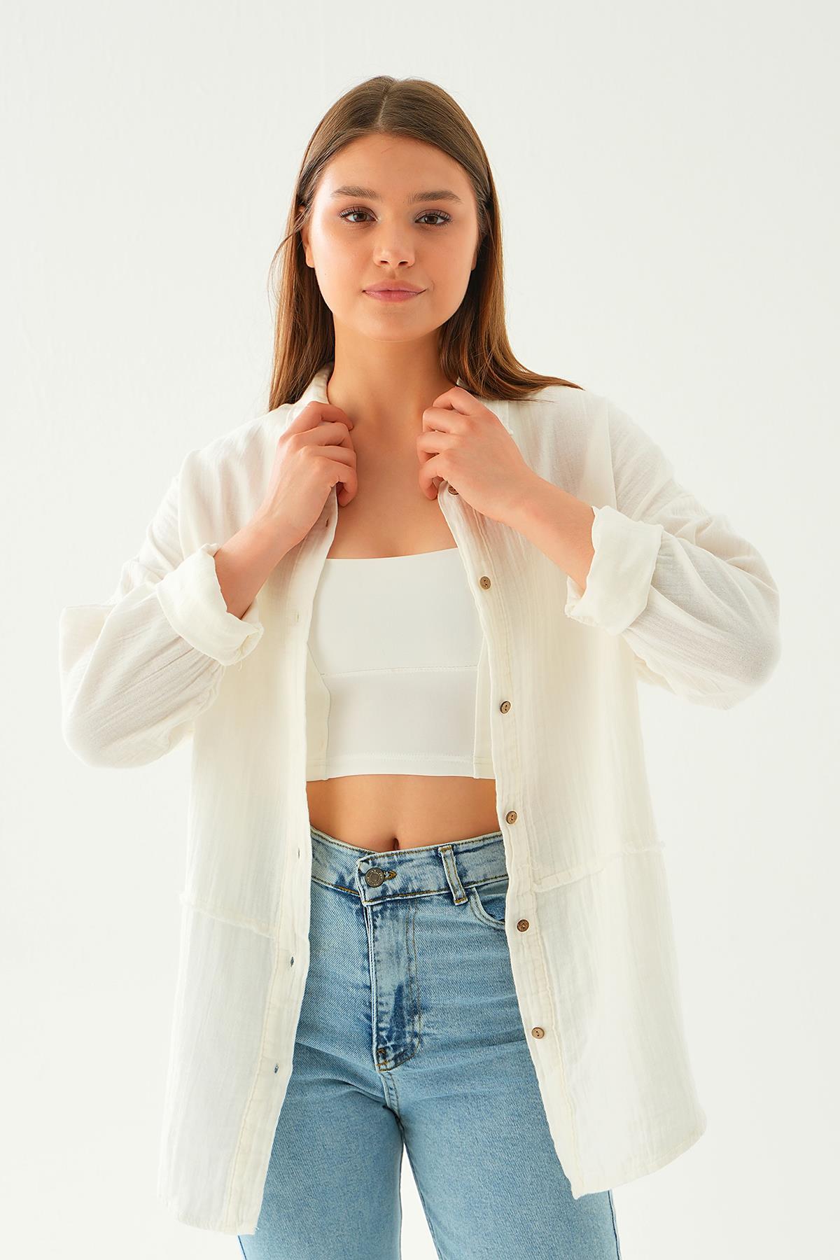 Beyaz Dikiş Detay Gömlek 1073 - 1