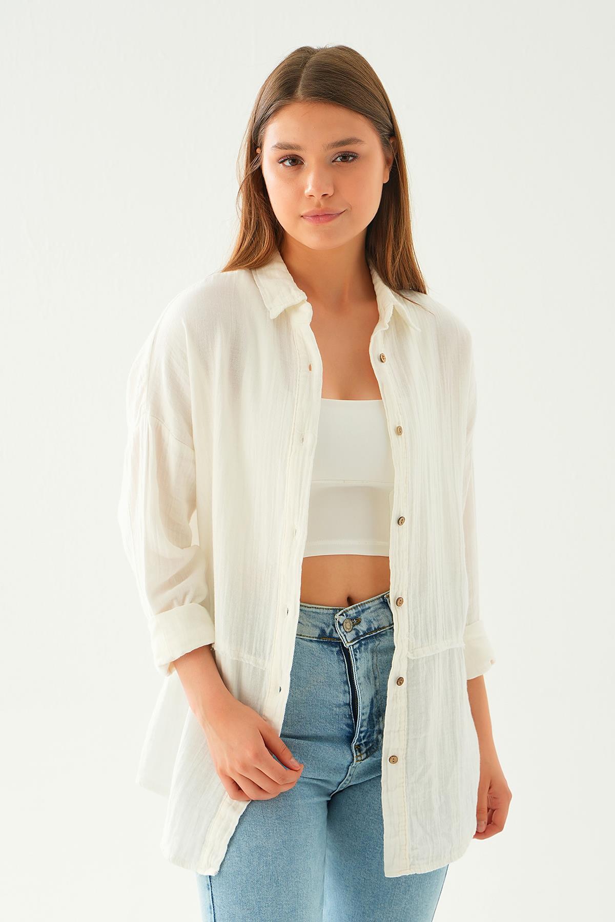 Beyaz Dikiş Detay Gömlek 1073 - 2