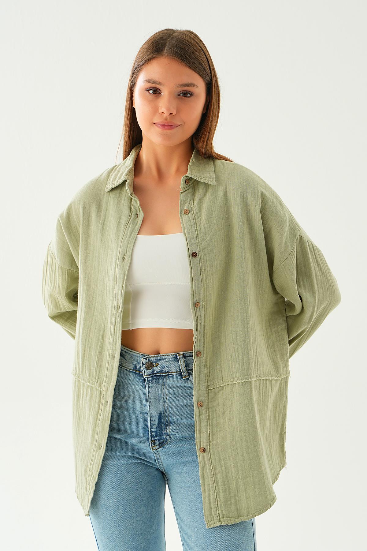 1073 Dikiş Detay Gömlek Çağla Yeşili - 5