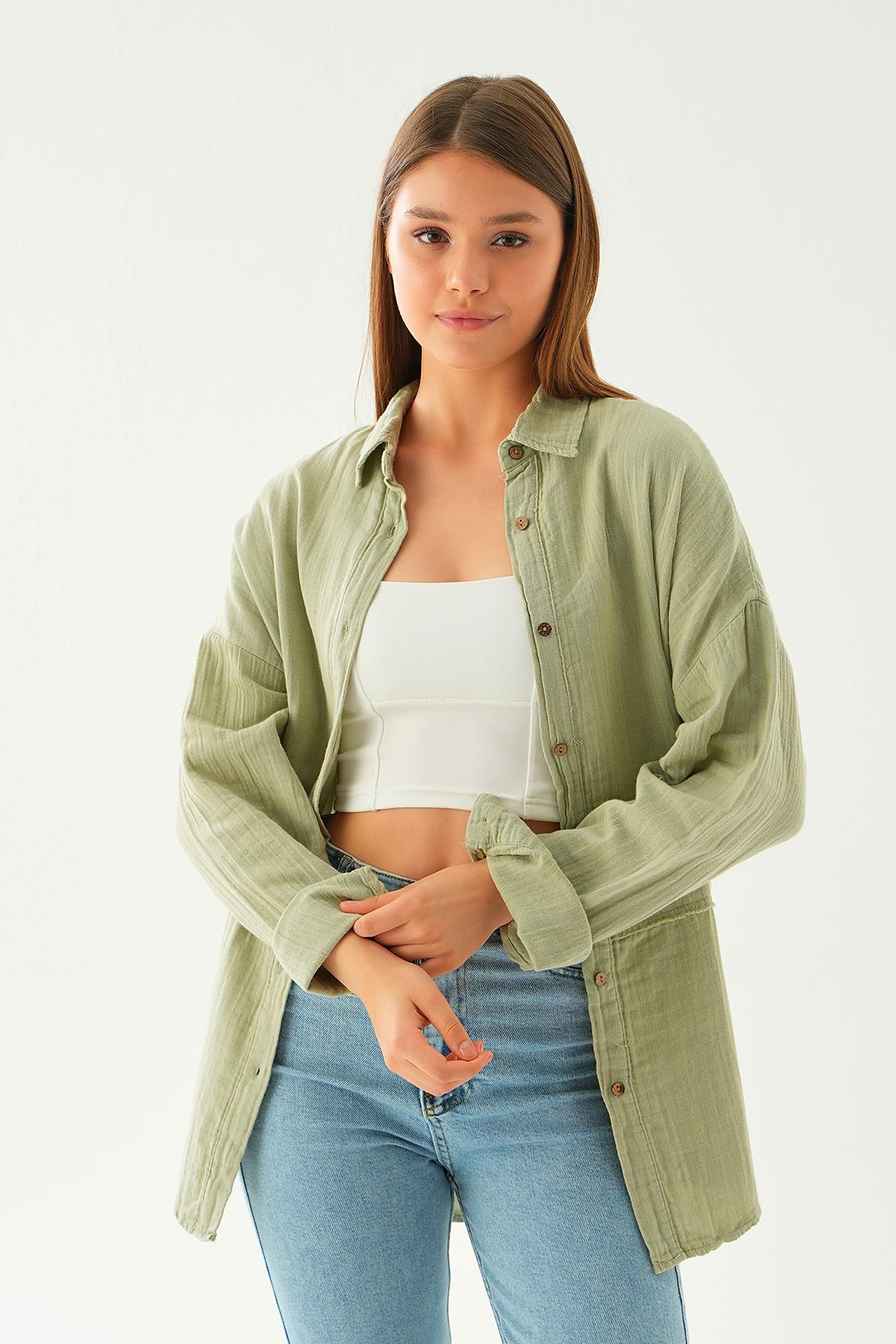 Çağla Yeşili Dikiş Detay Gömlek 1073 - 1