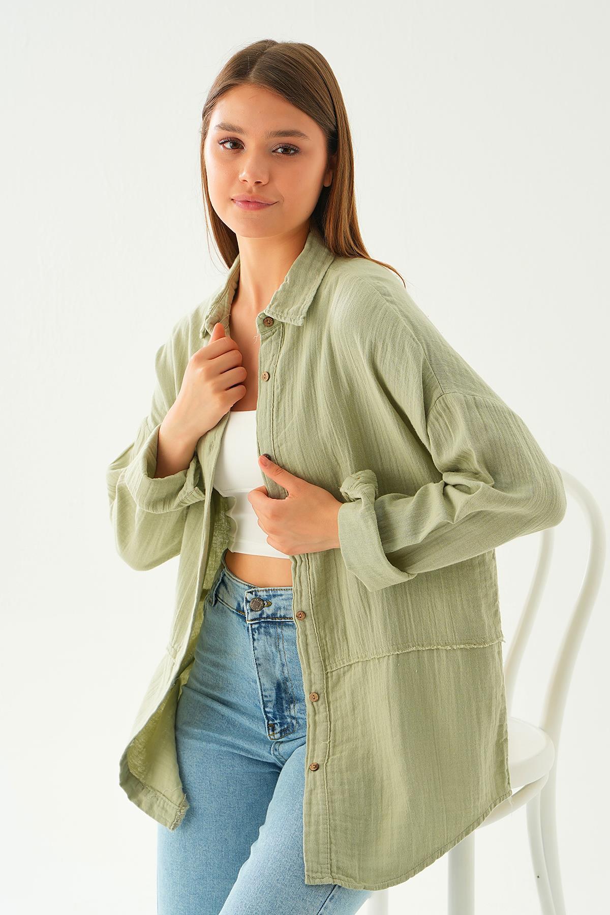 Çağla Yeşili Dikiş Detay Gömlek 1073 - 2
