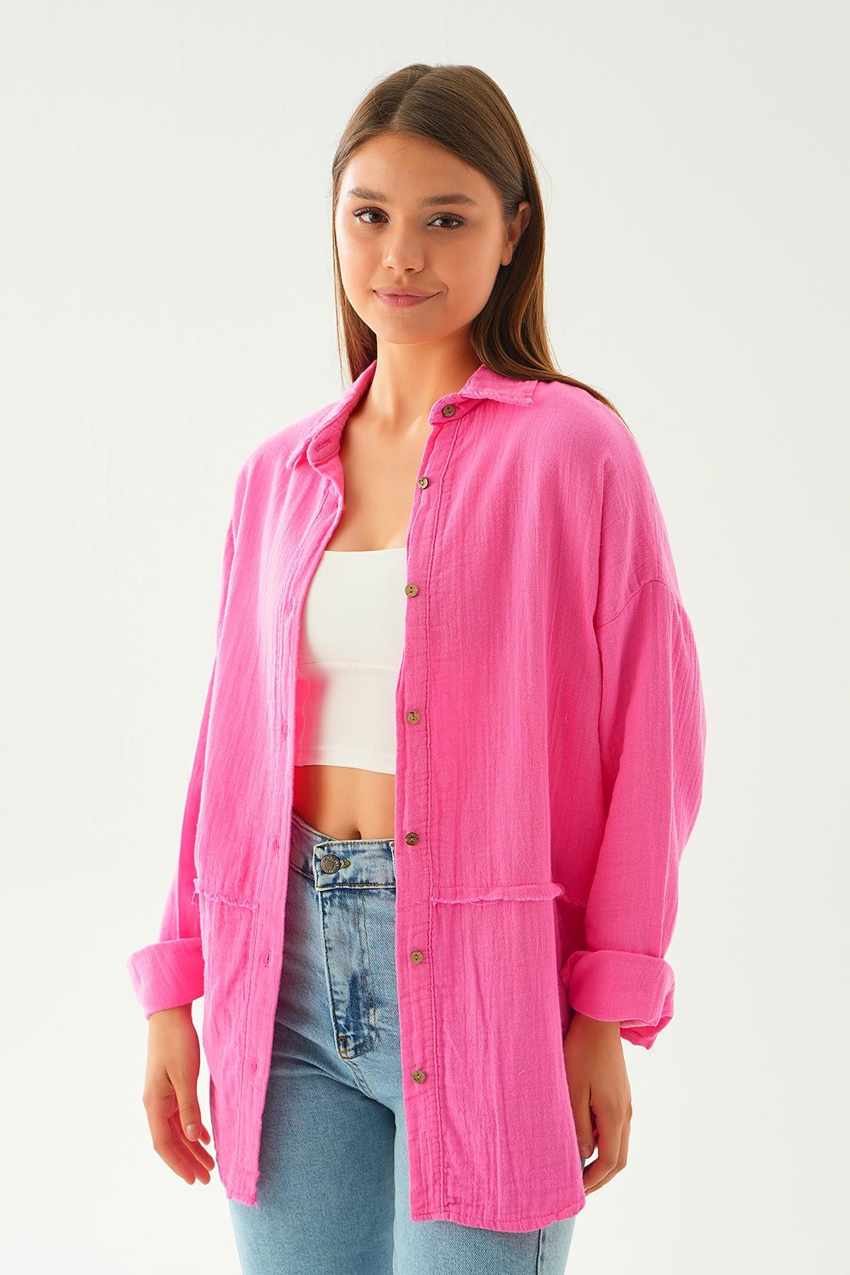 1073 Dikiş Detay Gömlek Fuşya - 4