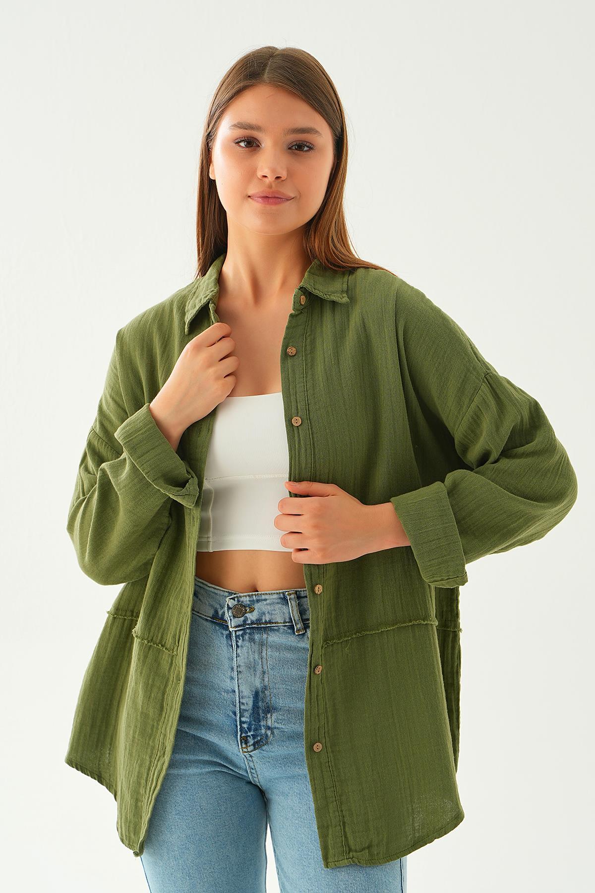 1073 Dikiş Detay Gömlek Haki 