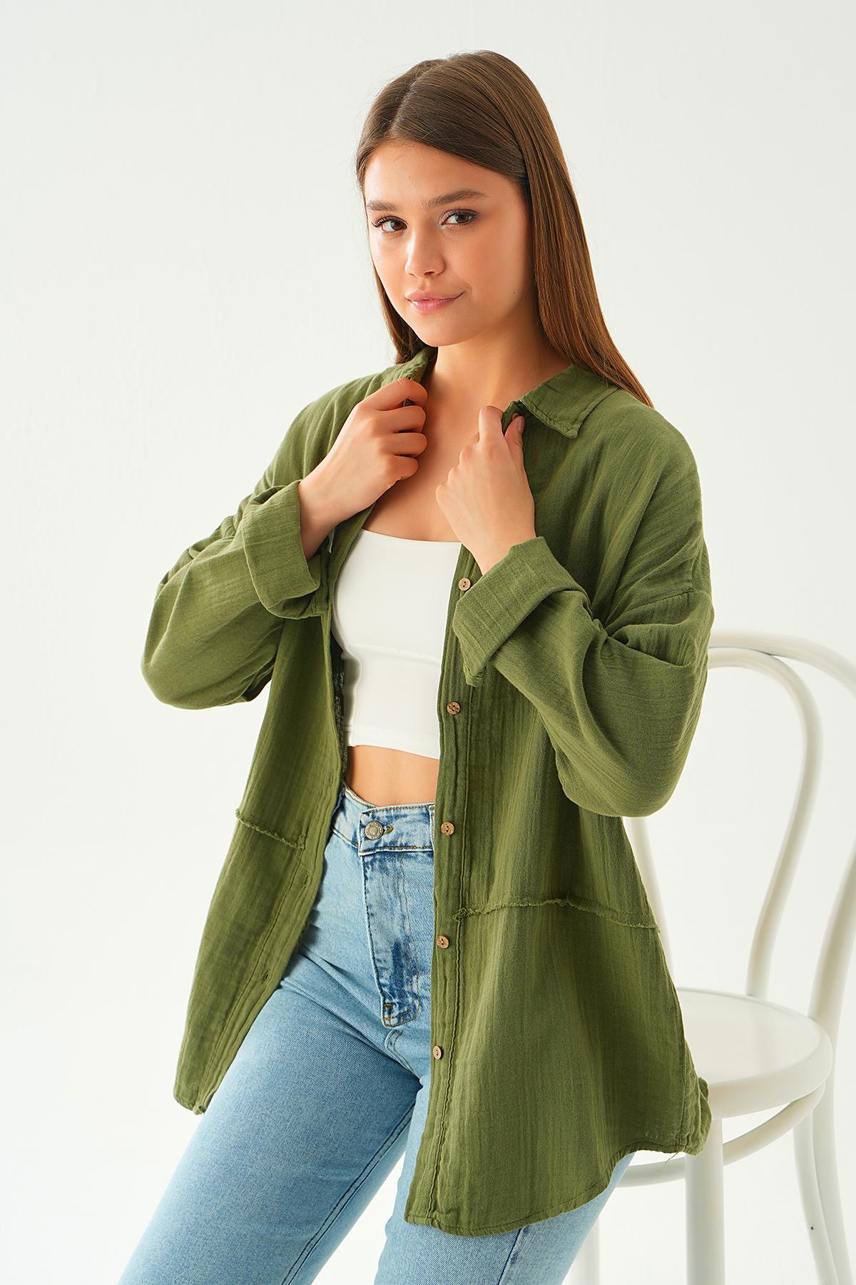 1073 Dikiş Detay Gömlek Haki - 2