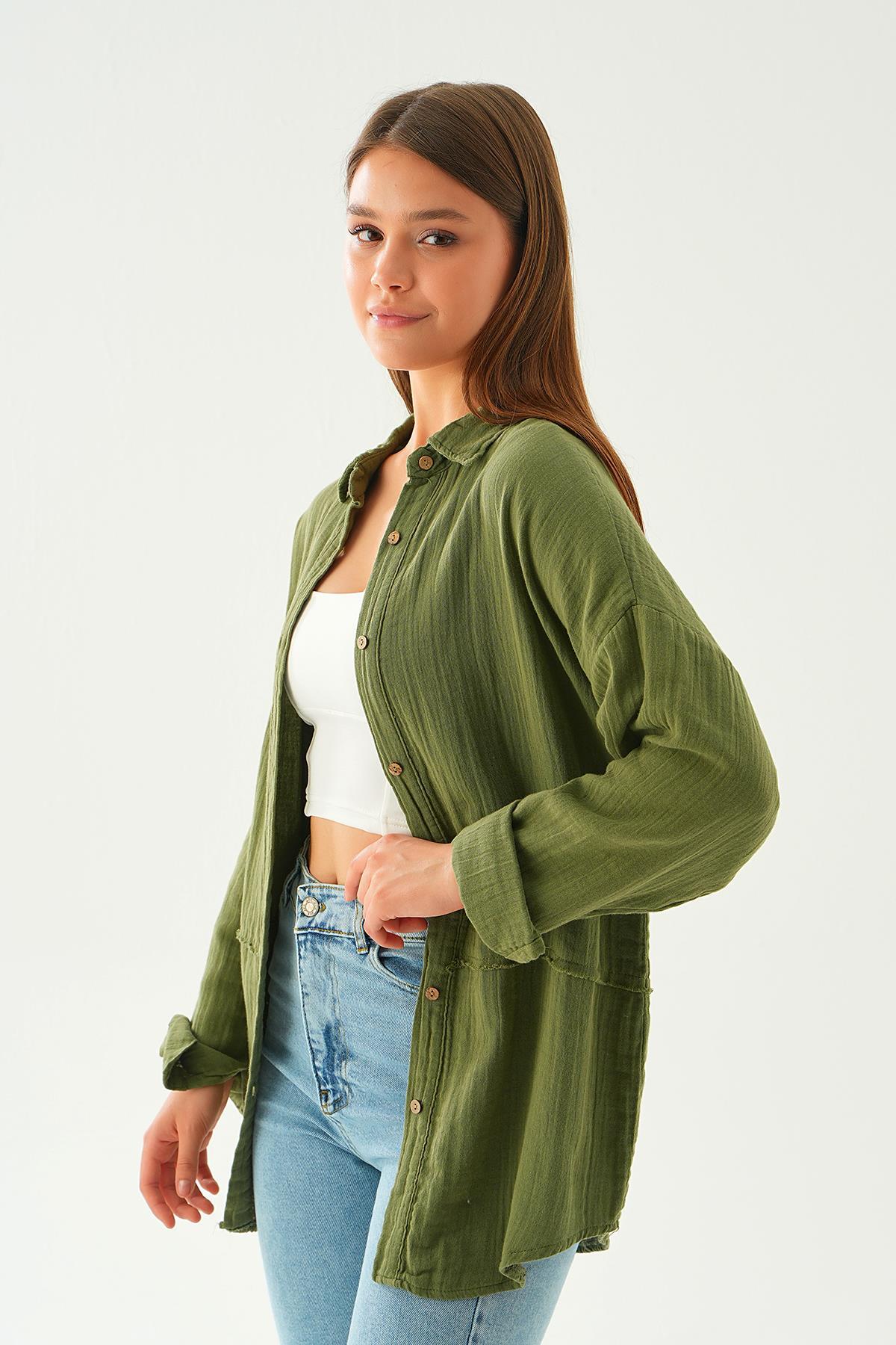 1073 Dikiş Detay Gömlek Haki - 3