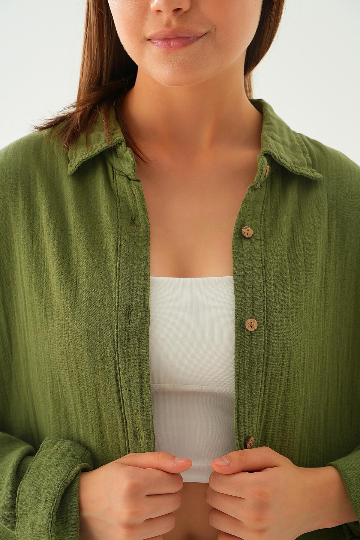 1073 Dikiş Detay Gömlek Haki - 5