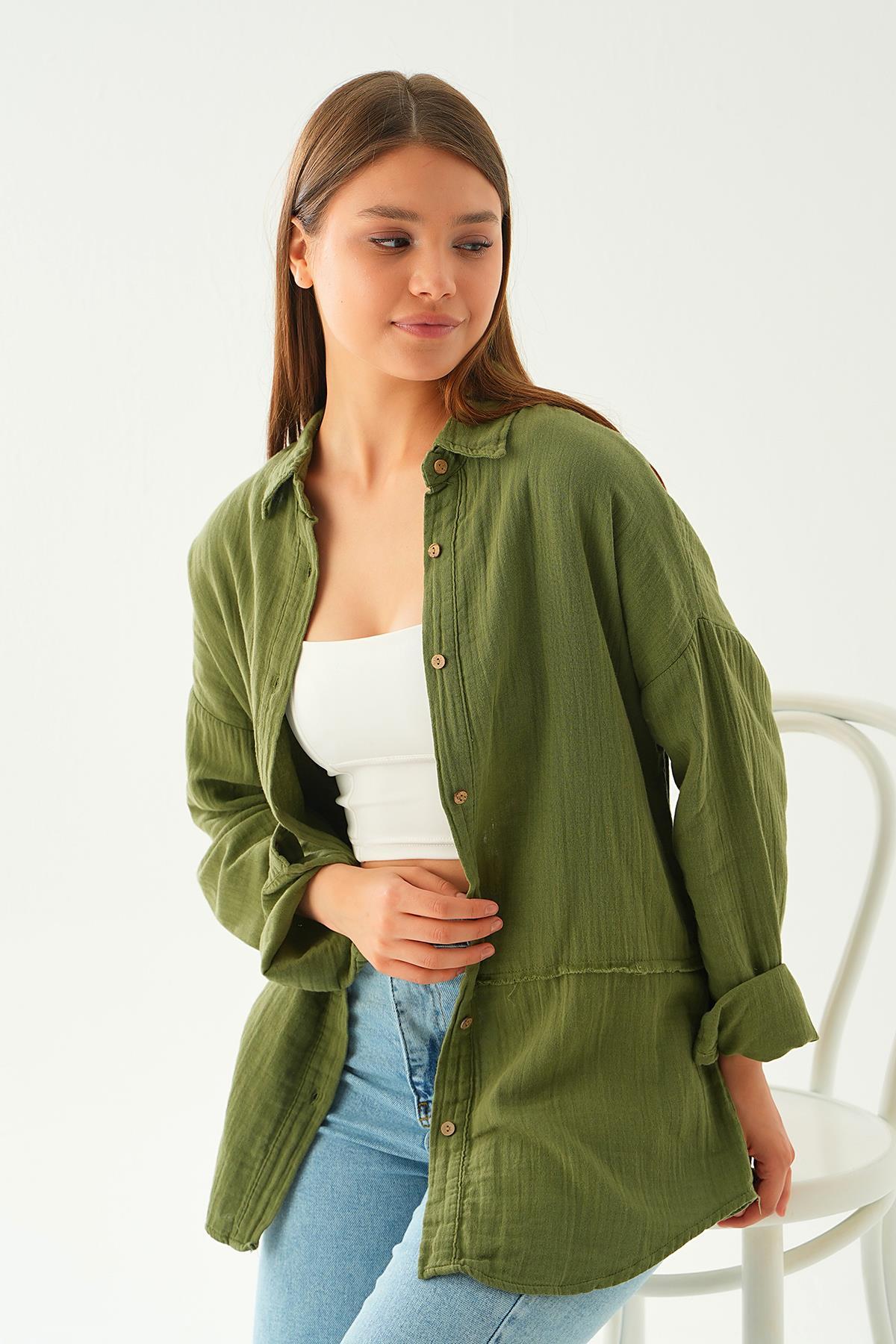 1073 Dikiş Detay Gömlek Haki - 6