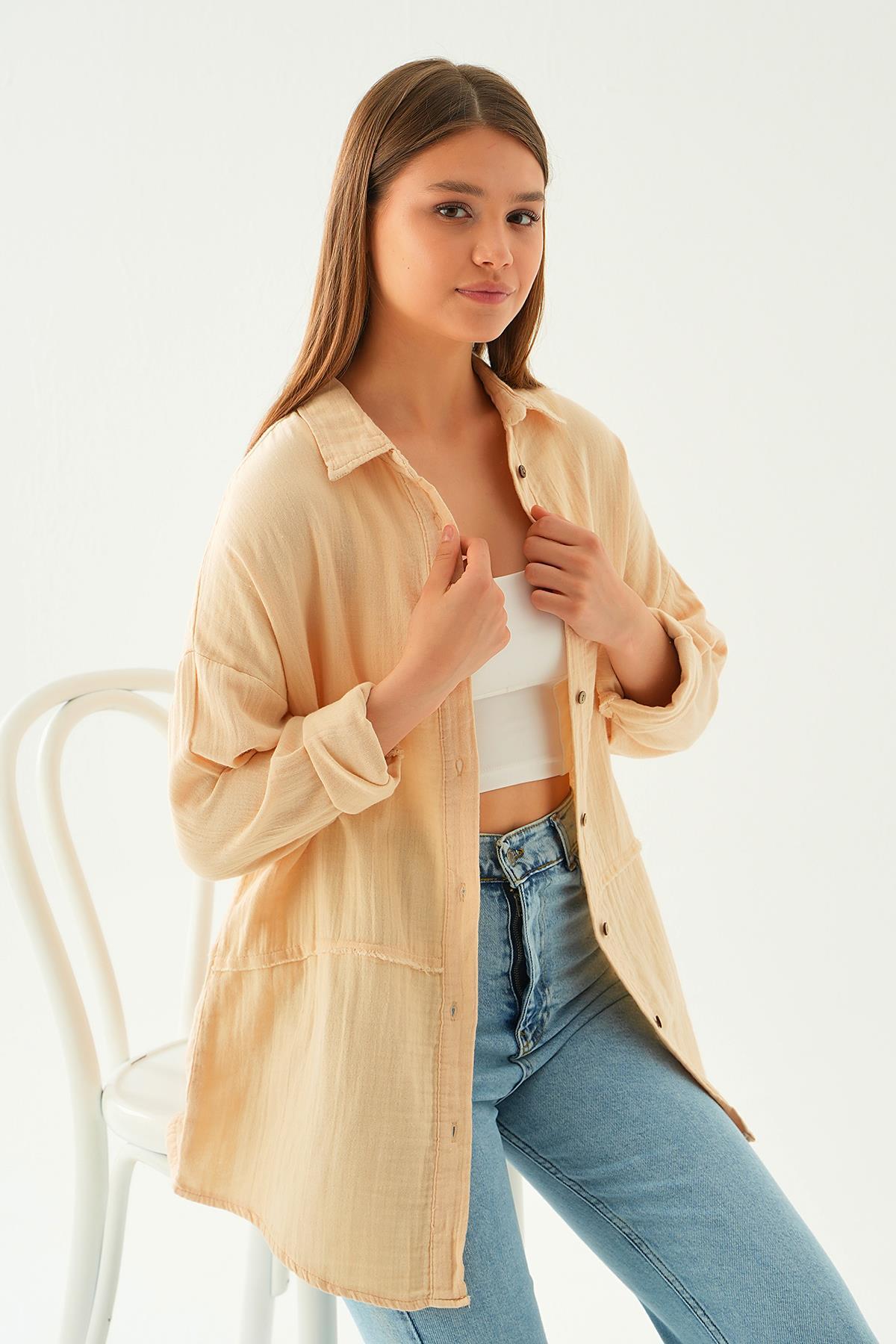 1073 Dikiş Detay Gömlek Taş - 6