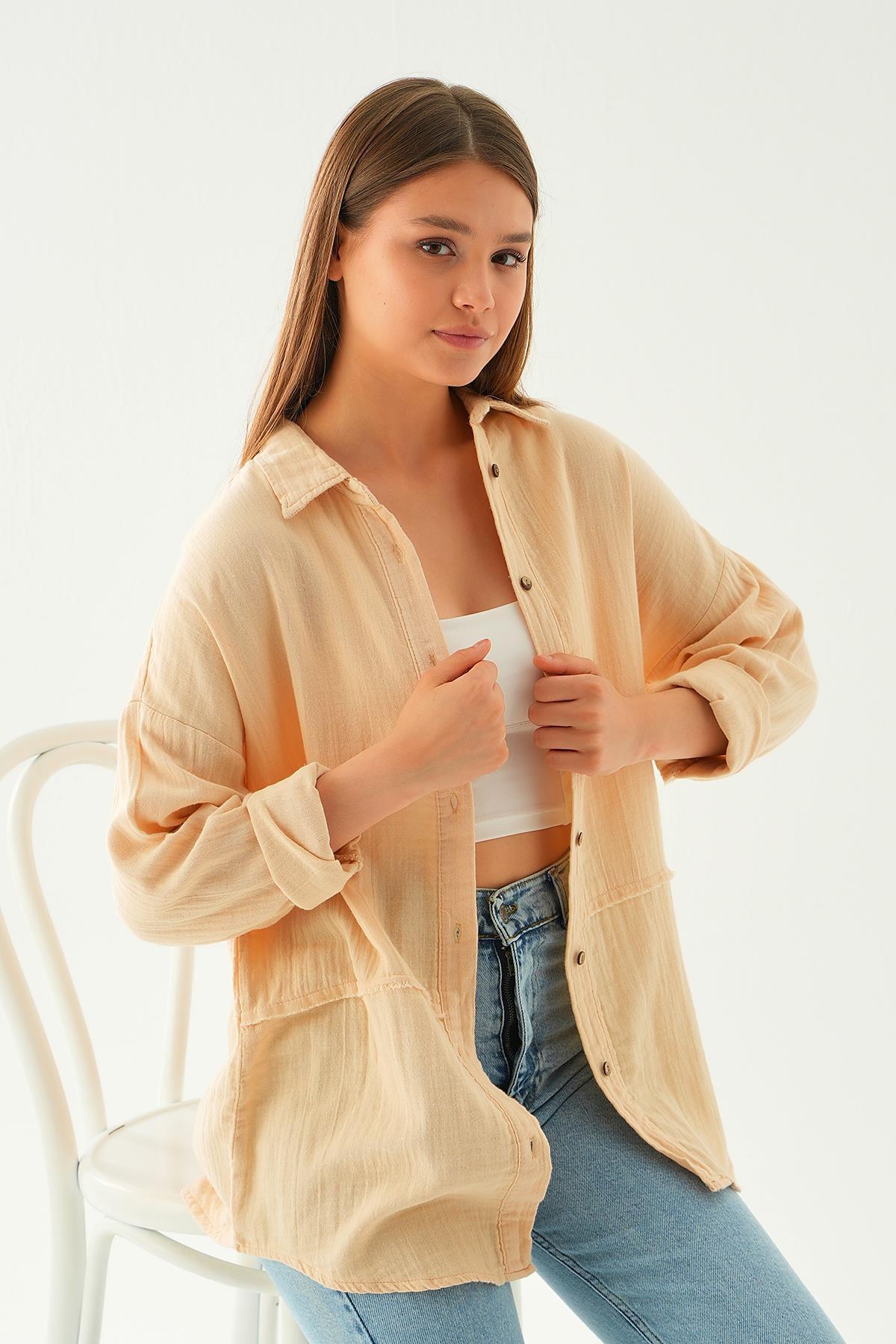 1073 Dikiş Detay Gömlek Taş - 3