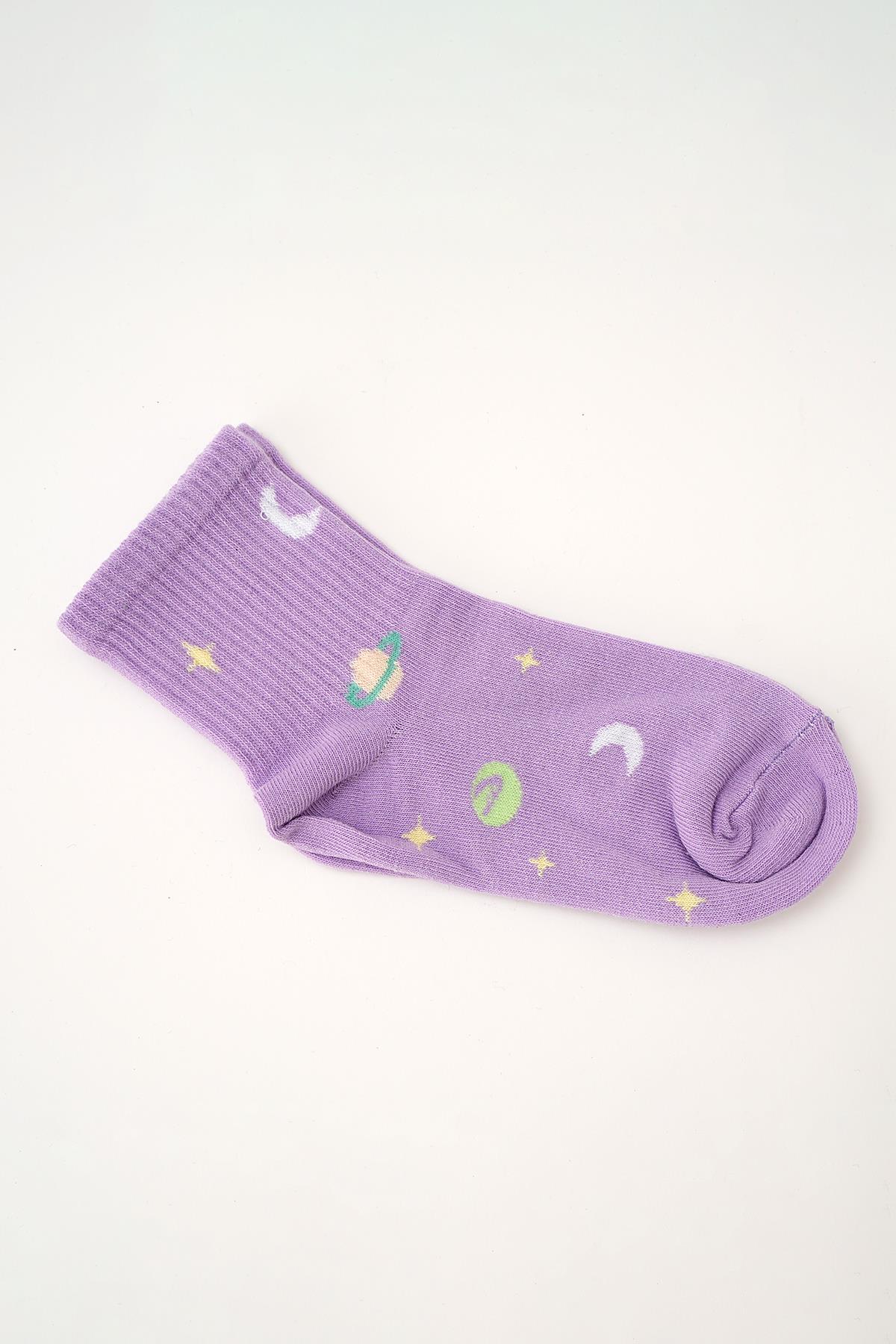 Renkli 4’lü Gezegen Baskı Yarım Konç Çorap 1073 - 5