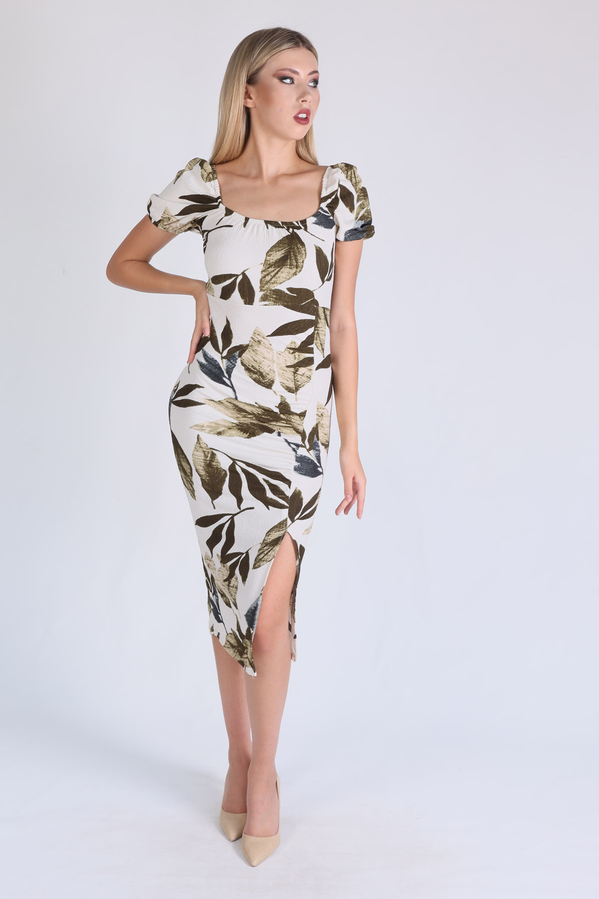 10755 Yaprak Desen Elbise Haki - 1